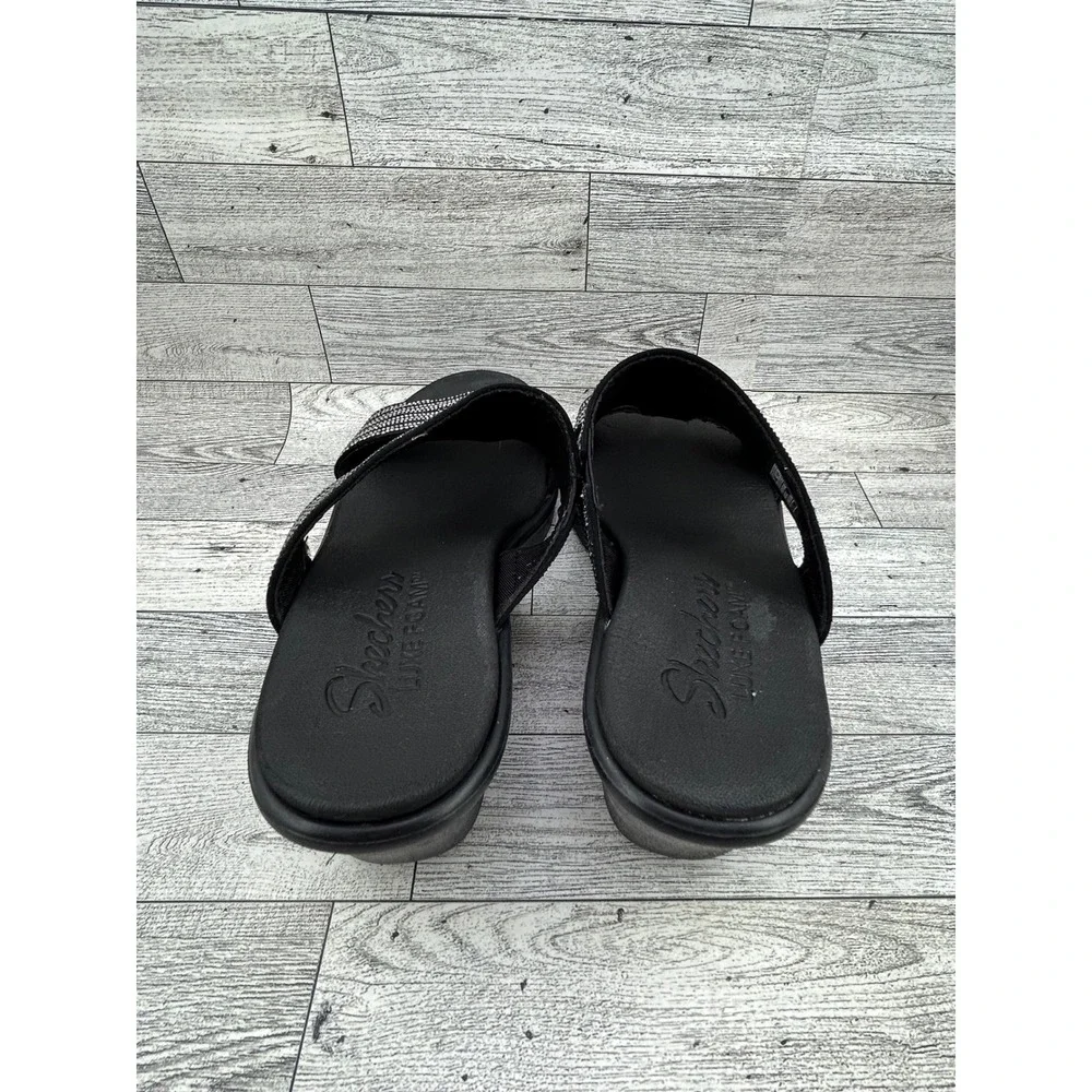 Skechers Luxe Foam Black Silver Rhinestone Wedge Sandals 119001 BKSL Women Sz 10